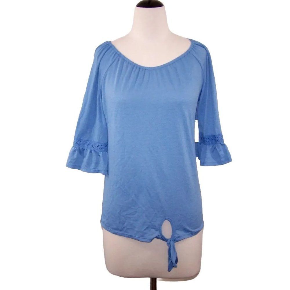 Cure Off Shoulder Shirt Top Medium Peasant 3/4 Bell Sleeves Tie Front Blue NWT
